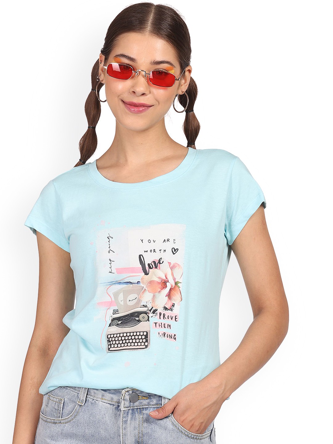 

Sugr Women Blue & White Typography Printed Pure Cotton T-shirt