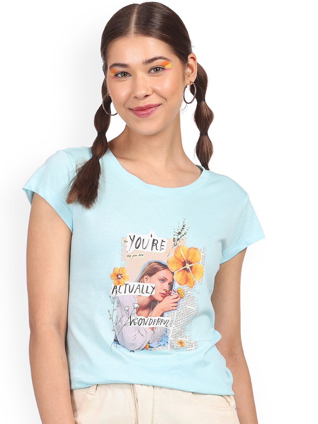 

Sugr Women Blue Printed Cotton T-shirt