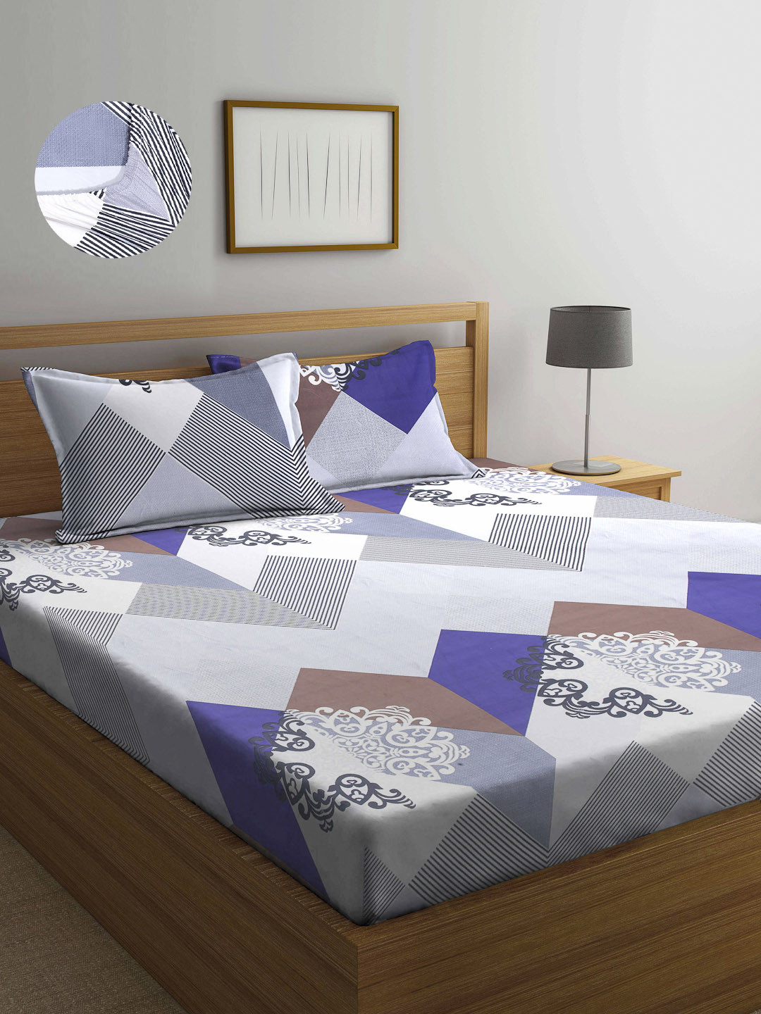 

Arrabi Multi Graphic 300 TC Cotton Blend Double Size Fitted Bedsheet with 2 Pillow Covers, Grey