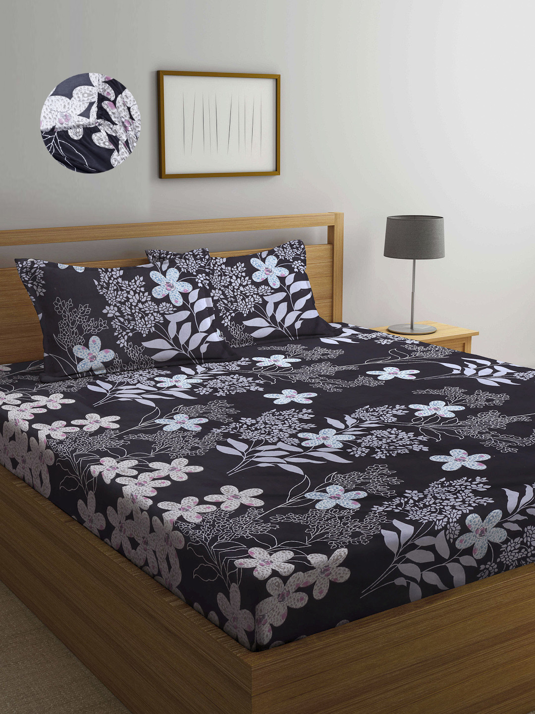 

Arrabi Black Floral 300 TC Cotton Blend Double Size Fitted Bedsheet with 2 Pillow Covers