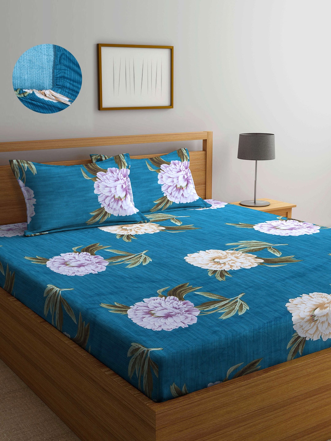 

Arrabi Teal Floral 300 TC Cotton Blend Double Size Fitted Bedsheet with 2 Pillow Covers