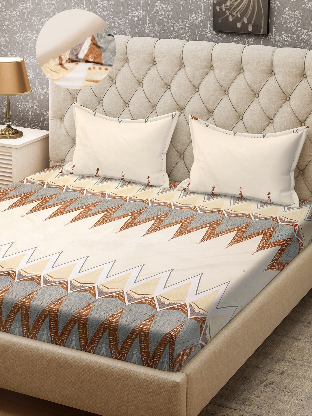 

Arrabi Multicoloured Cotton Blend Double King Size Fitted Bedsheet with 2 Pillow Covers, Beige