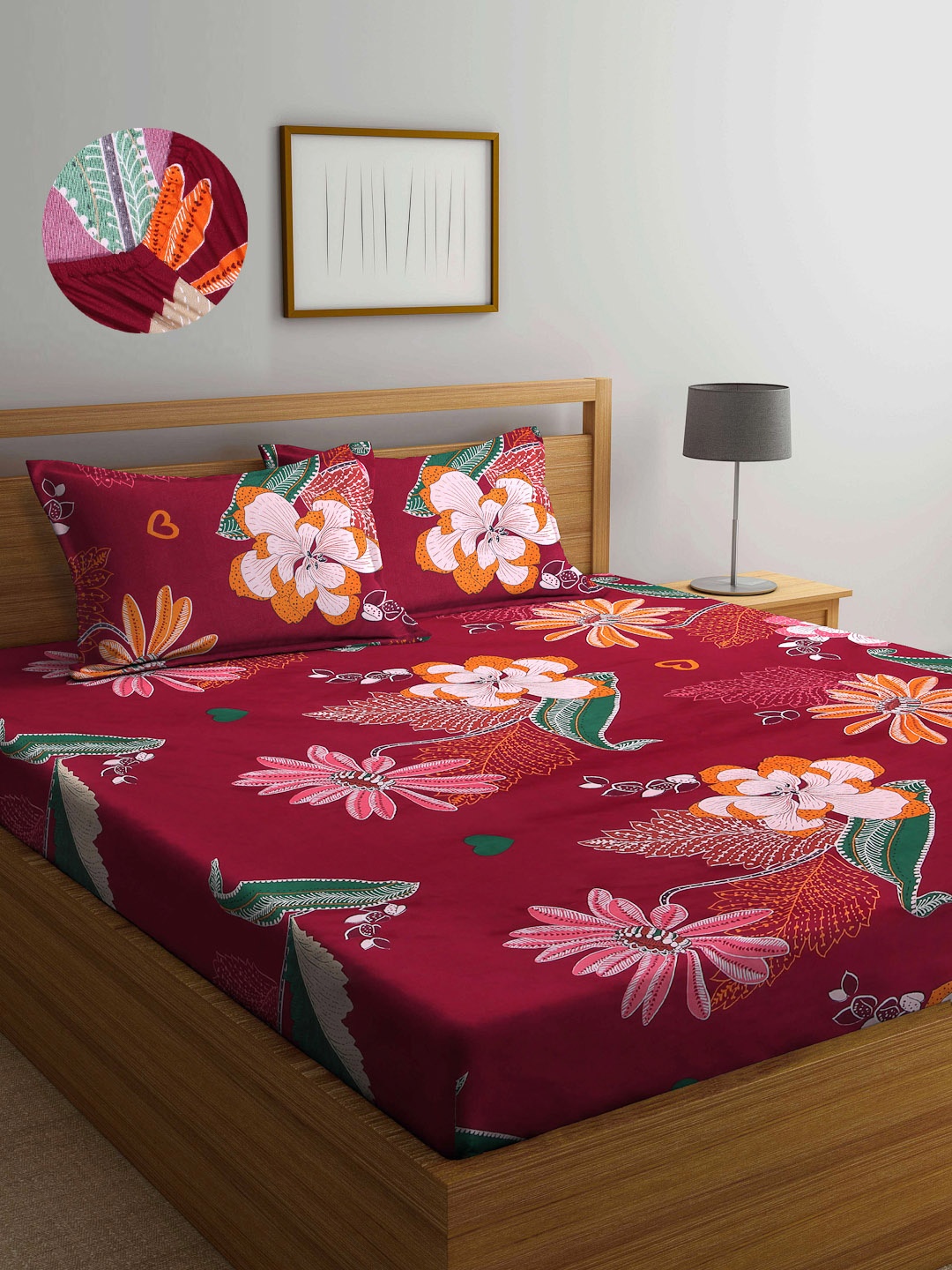 

Arrabi Red Floral 300 TC Cotton Blend Double Size Fitted Bedsheet with 2 Pillow Covers