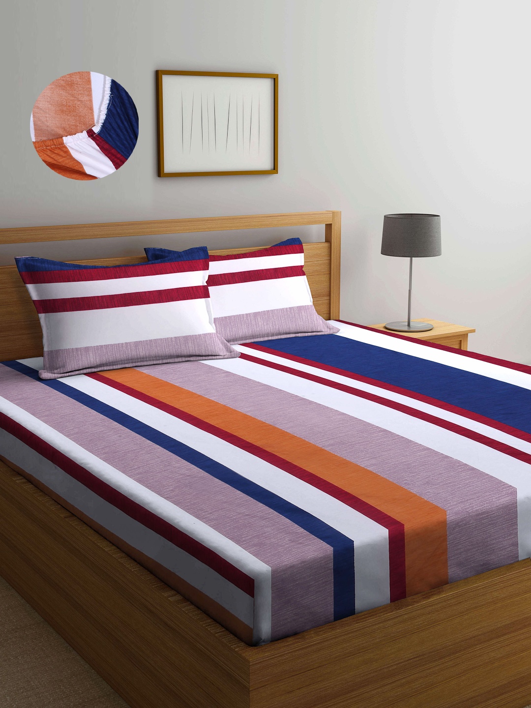 

Arrabi Multi Stripes 300 TC Cotton Blend Double Size Fitted Bedsheet with 2 Pillow Covers, White