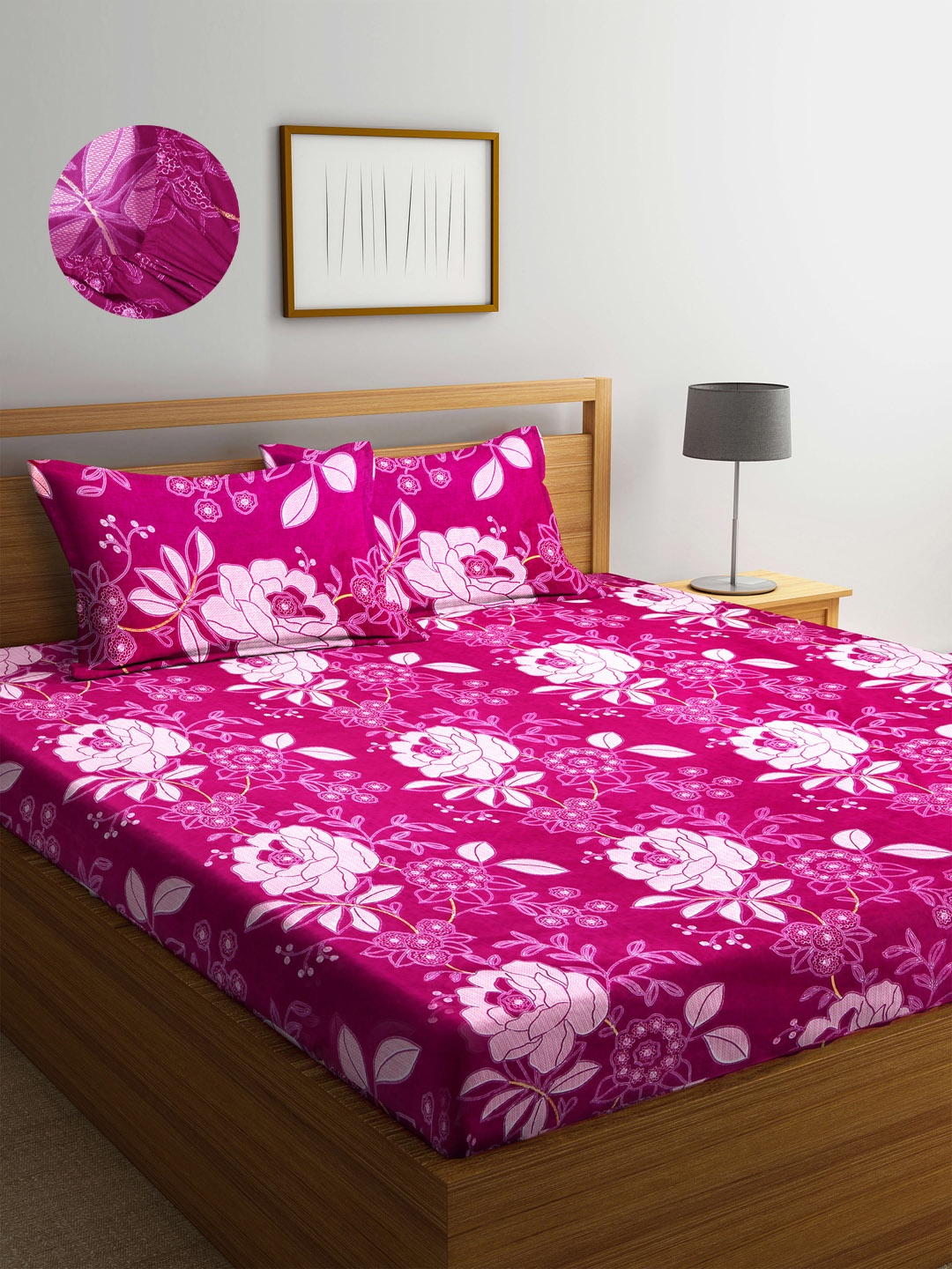 

Arrabi Pink Floral 300 TC King Size Fitted Bedsheet with 2 Pillow Covers