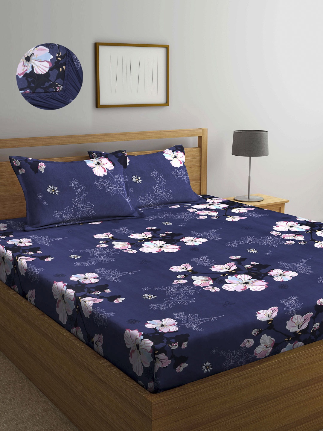 

Arrabi Blue Floral 300 TC Cotton Blend Double Size Fitted Bedsheet with 2 Pillow Covers