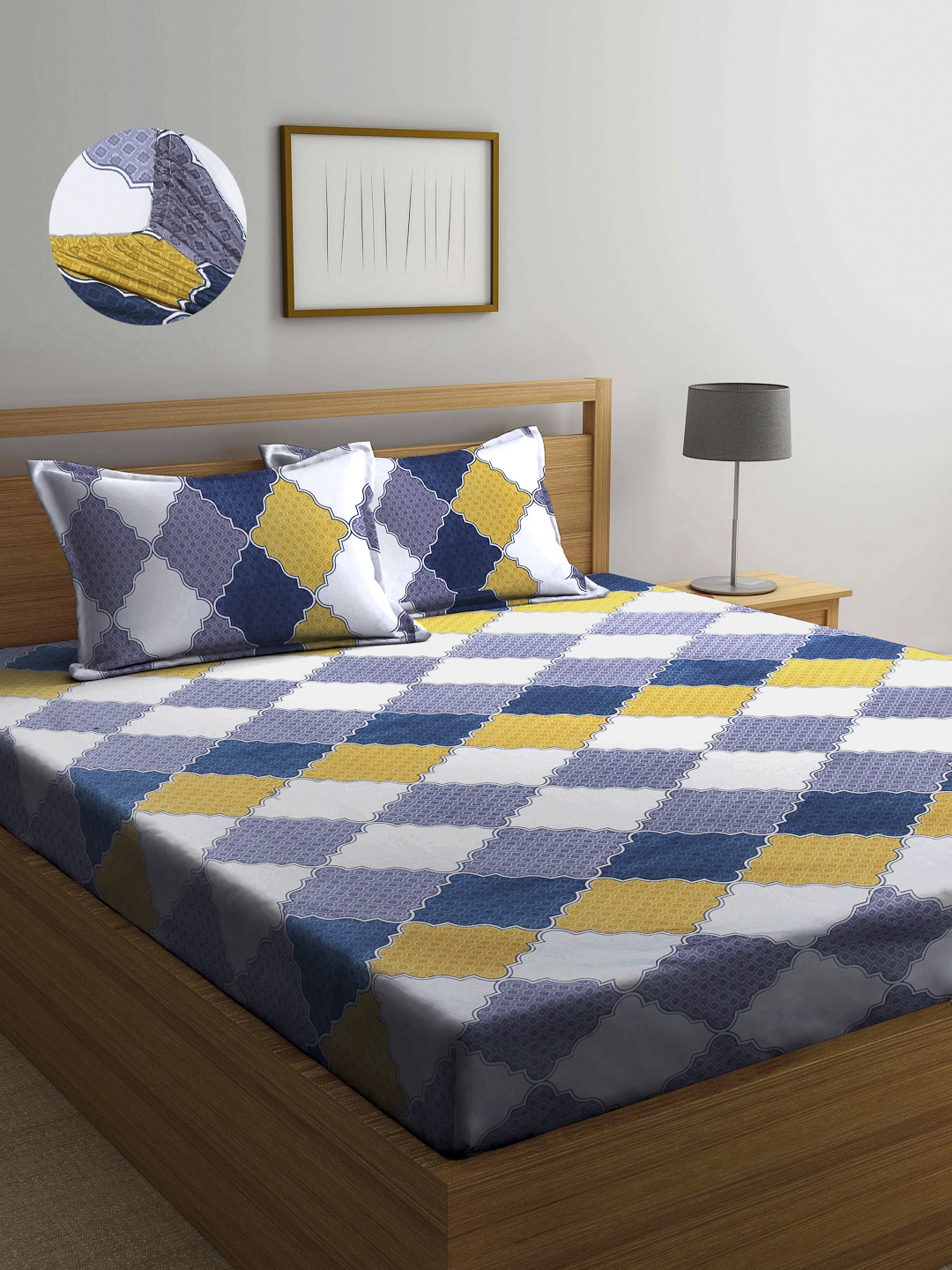 

Arrabi Multicoloured 300 TC Cotton Blend Double Size Fitted Bedsheet with 2 Pillow Covers, White