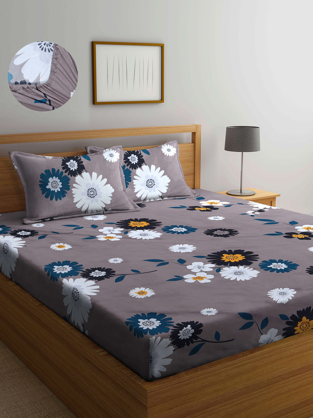 

Arrabi Brown Floral 300 TC Cotton Blend Double Size Fitted Bedsheet with 2 Pillow Covers