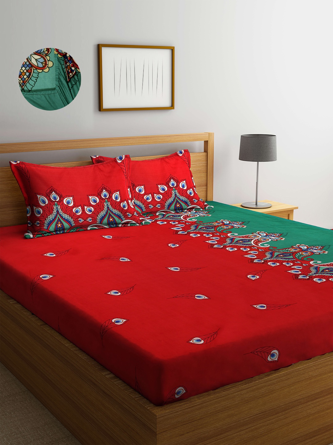 

Arrabi Multicoloured Paisley Cotton Blend Double Size Fitted Bedsheet with 2 Pillow Covers, Green