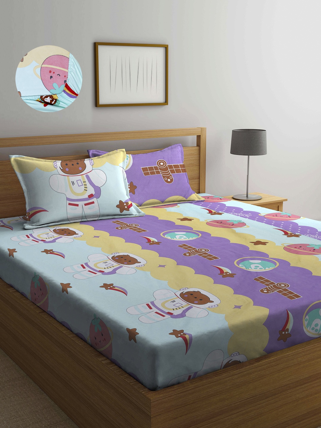 

Arrabi Turquoise Blue & Pink Cartoon Characters 300 TC King Bedsheet with 2 Pillow Covers