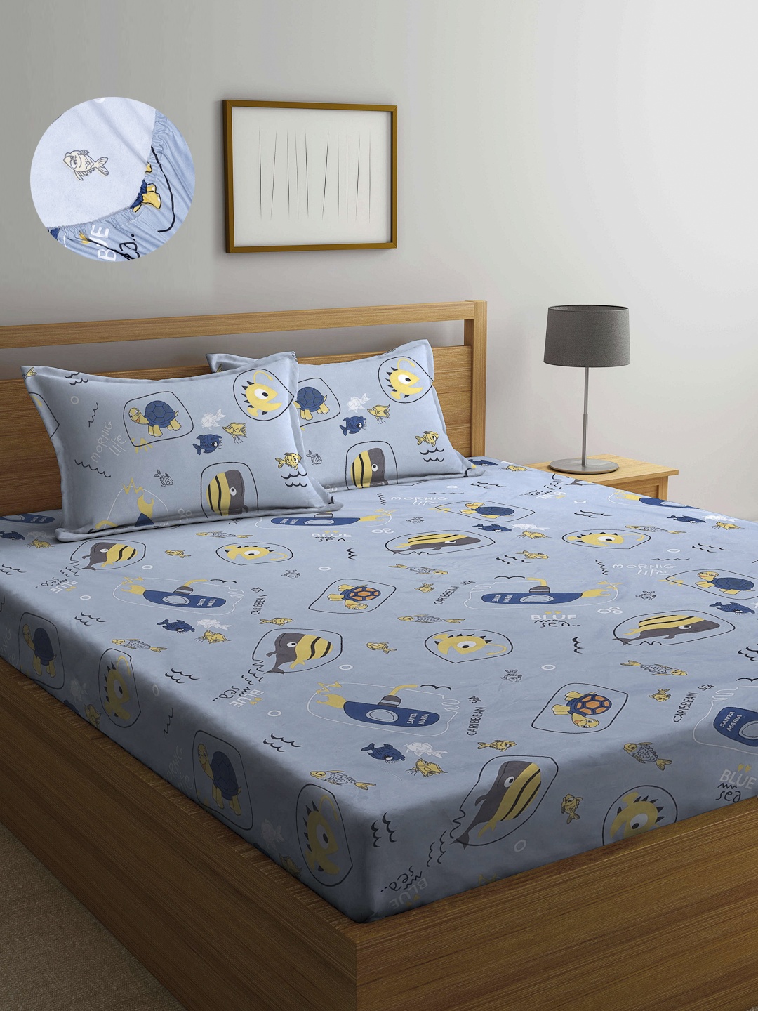 

Arrabi Grey Cartoon 300 TC Cotton Blend Double Size Fitted Bedsheet with 2 Pillow Covers