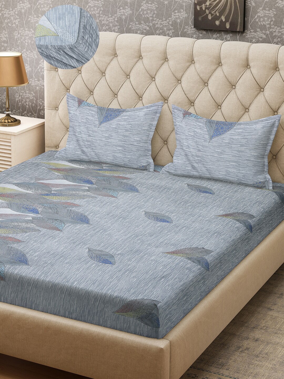 

Arrabi Grey Leaf 300 TC Cotton Blend Double King Size Fitted Bedsheet with 2 Pillow Covers