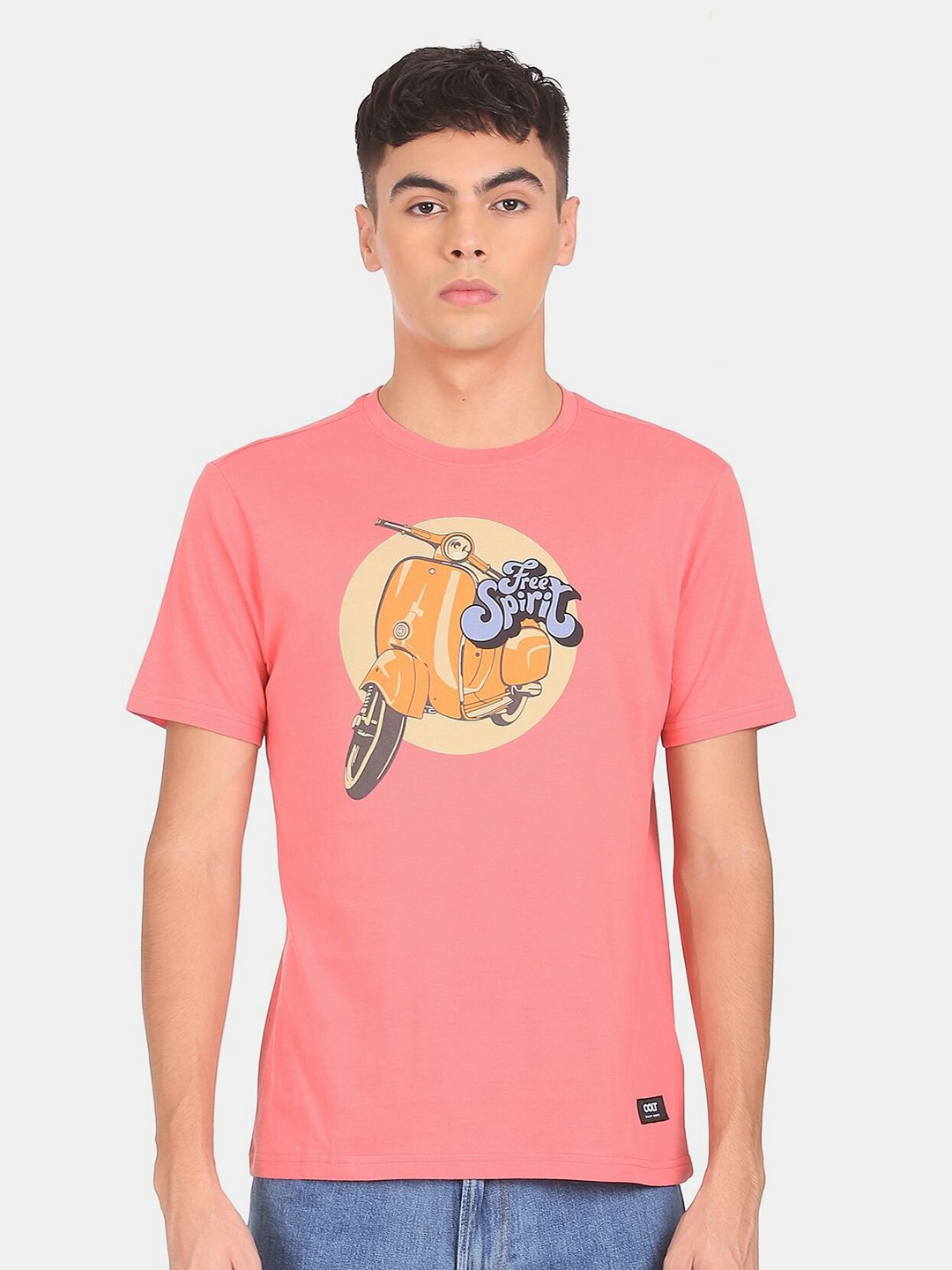 

Colt Men Pink & Orange Printed Pure Cotton T-shirt