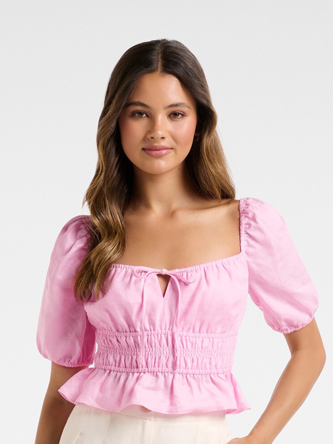 

Forever New Pink Linen Blouson Top