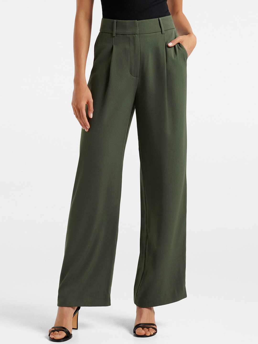 

Forever New Women Green Straight Fit High-Rise Pleated Trousers