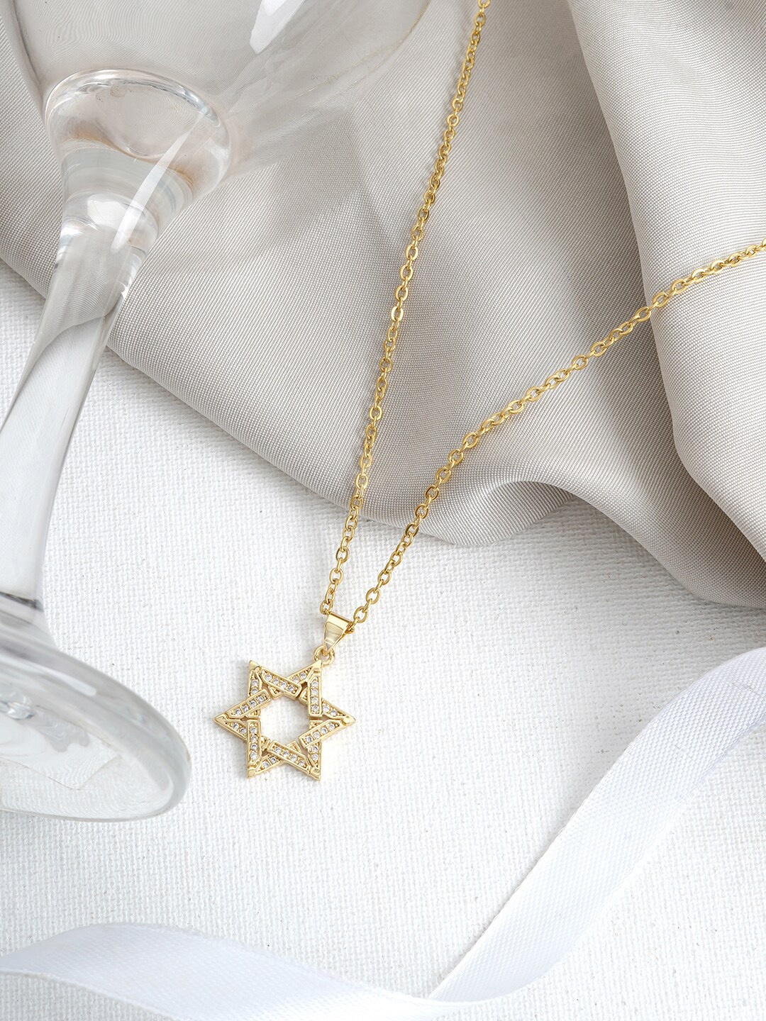 

JOKER & WITCH Gold-Toned & White Stone-Studded Star Pendant With Chain