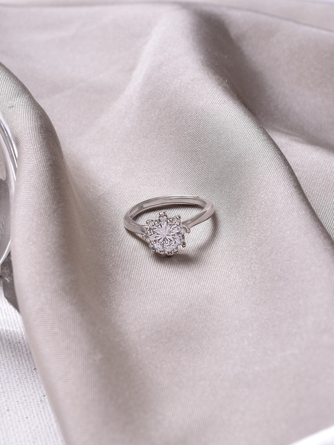 

JOKER & WITCH Silver-Toned White Stone-Studded Floral Adjustable Finger Ring