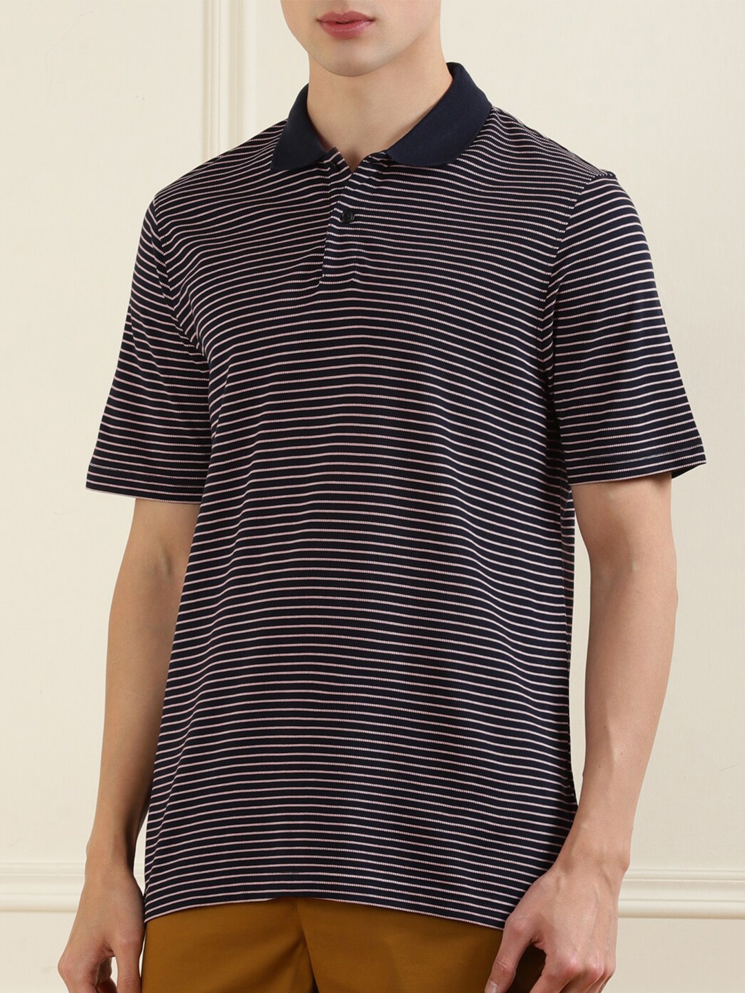 

Ted Baker Men Navy Blue Striped Polo Collar Cotton Loose T-shirt