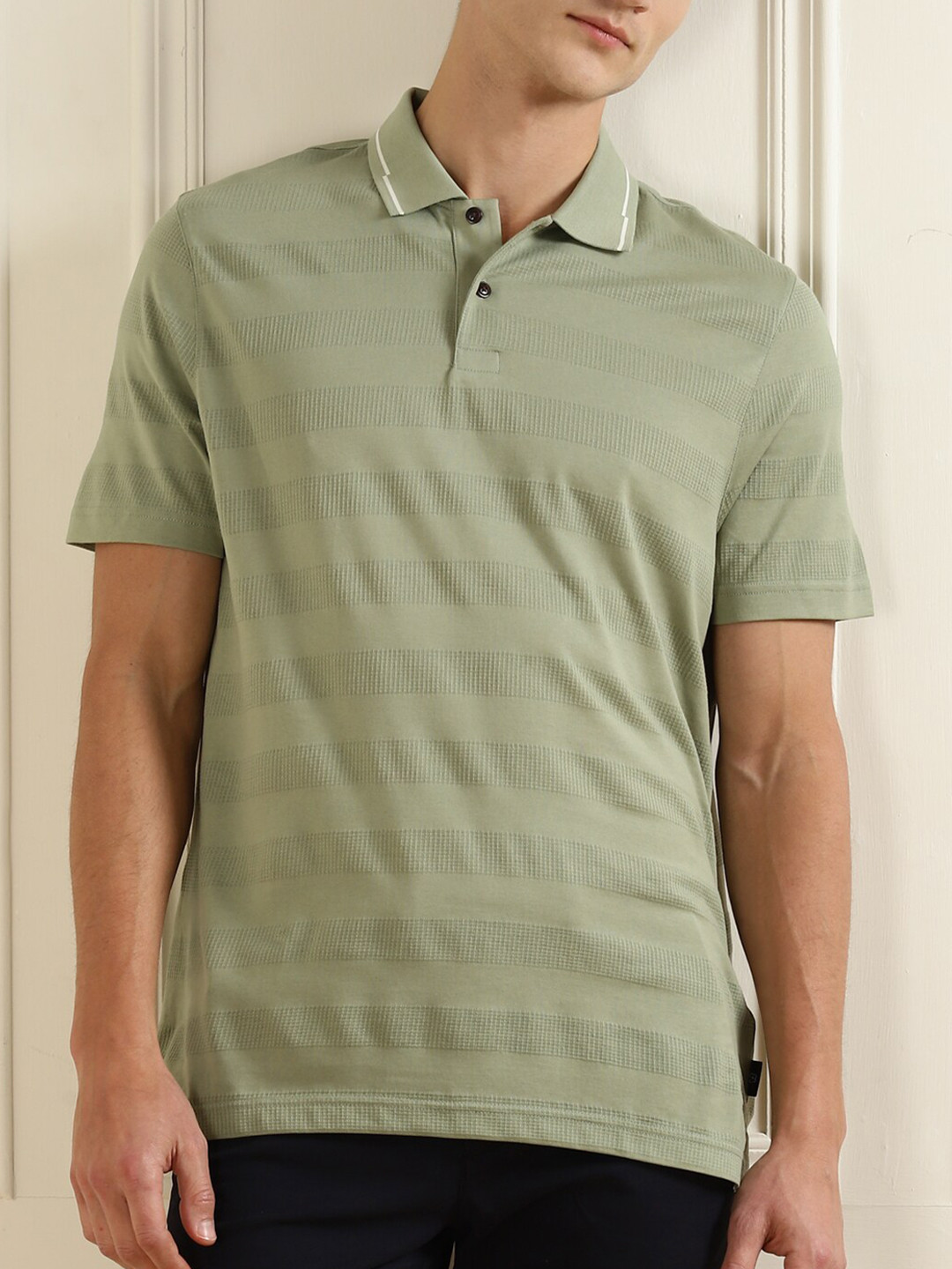 

Ted Baker Men Sage Green Striped Polo Collar T-shirt