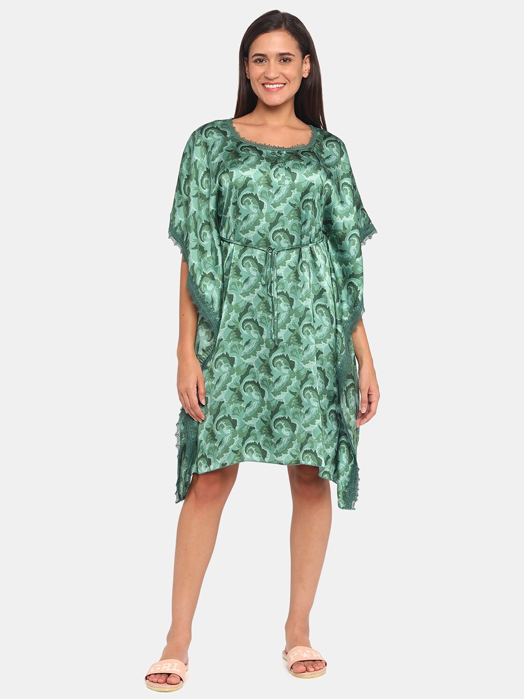 

Zivame Green Printed Satin Kaftan Nightdress