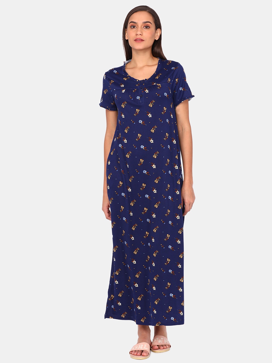 

Zivame Navy Blue Printed Maxi Nightdress