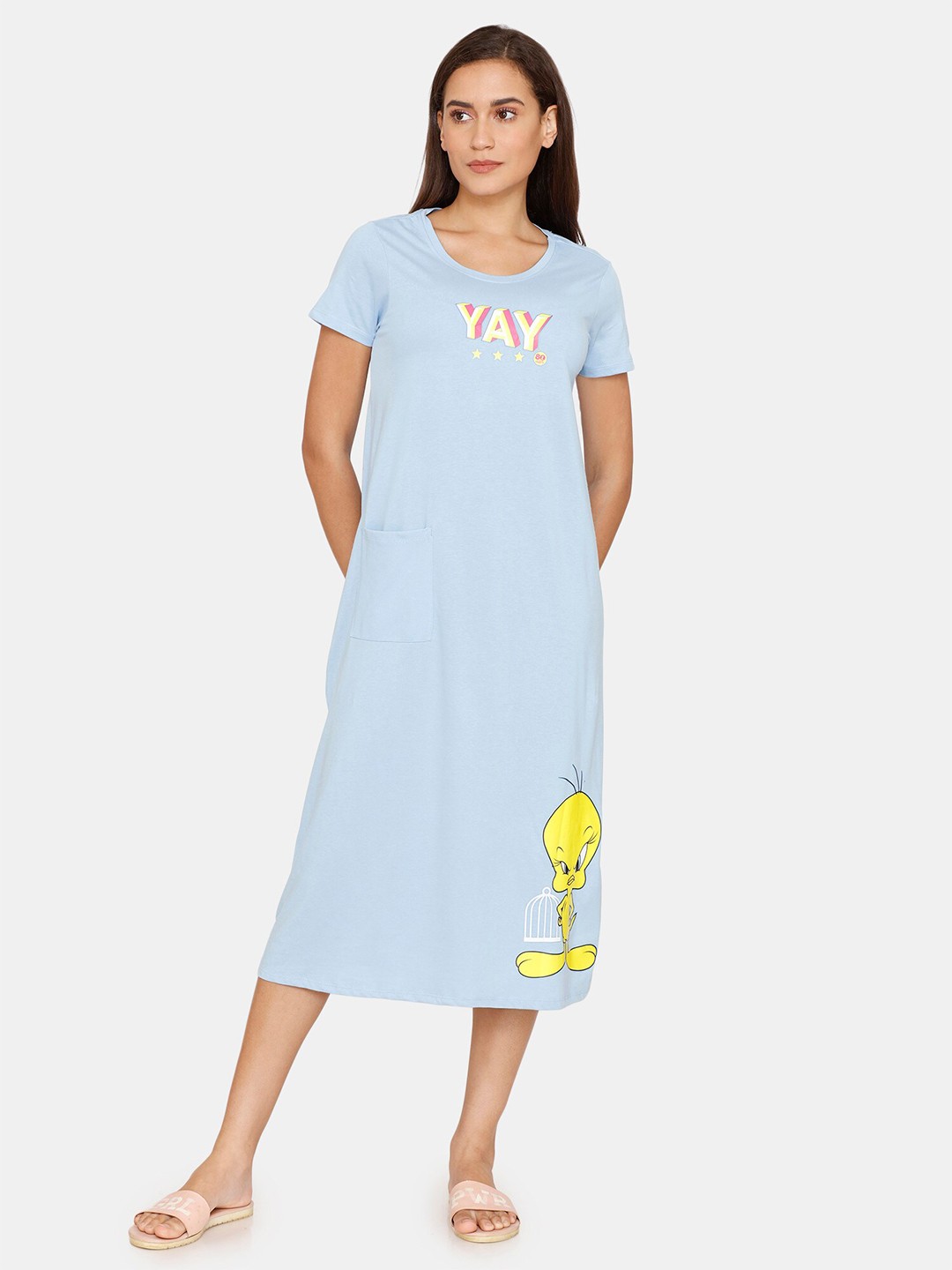 

Zivame Women Blue Cartoon Character Printed Pure Cotton Nightdress