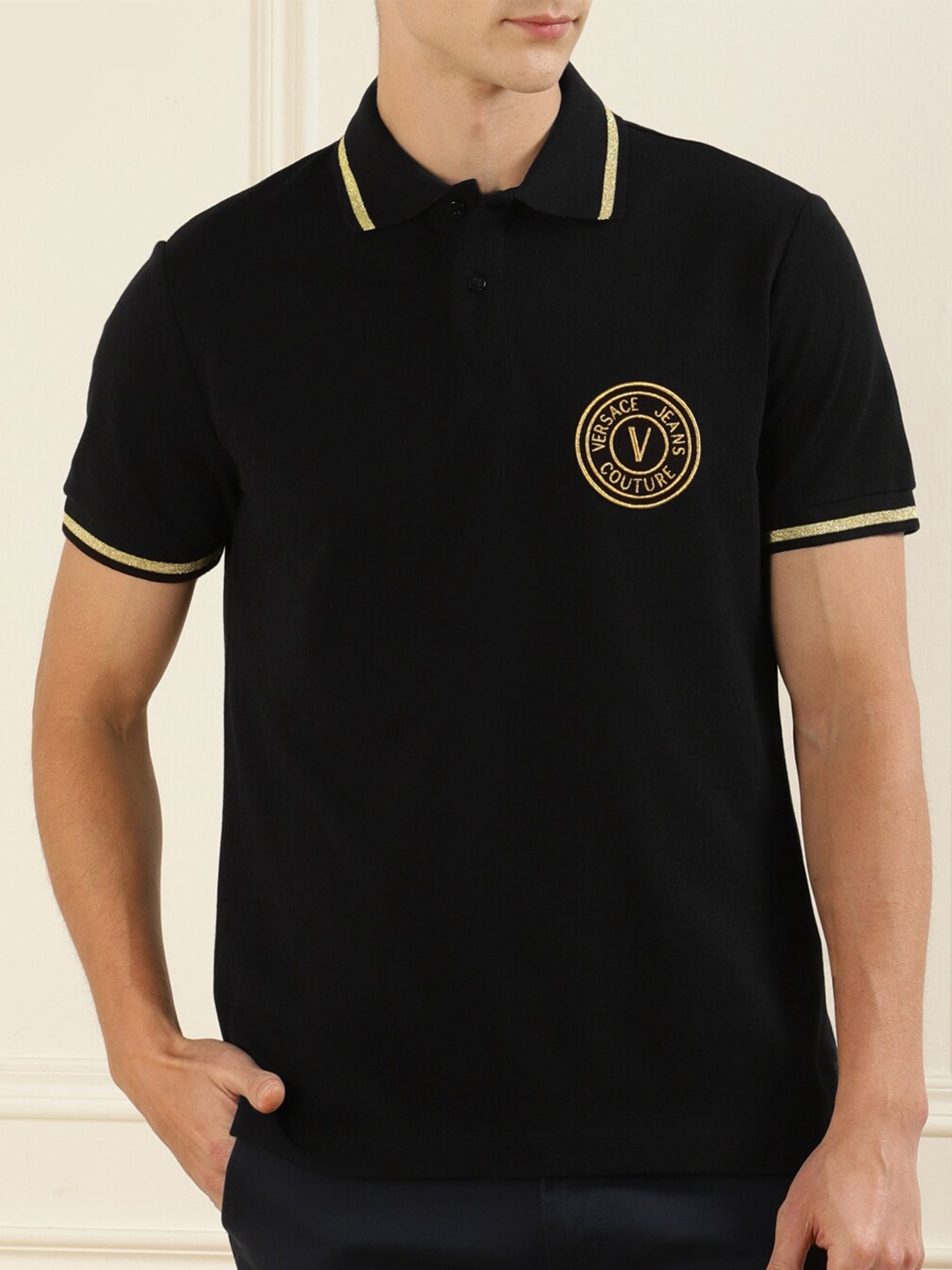 

Versace Jeans Couture Men Black Polo Collar Pure Cotton T-shirt