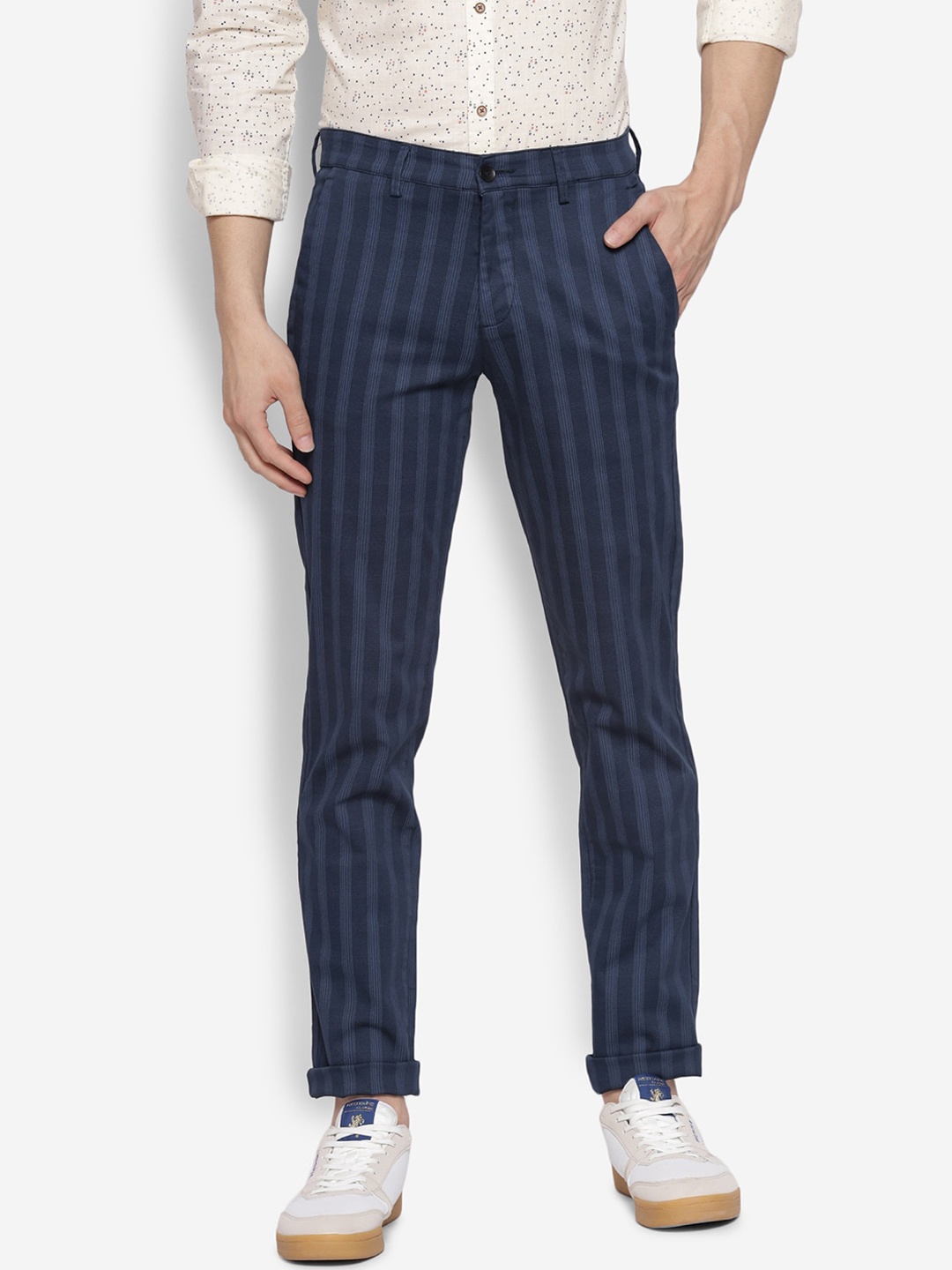 

Turtle Men Blue Striped Ultra Slim Fit Cotton Trousers