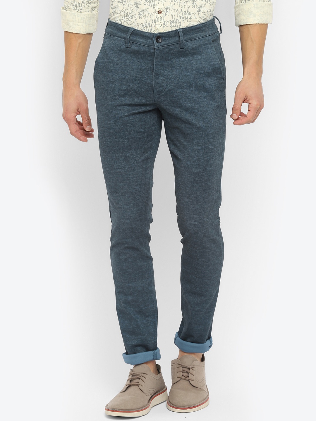 

Turtle Men Navy Blue Textured Tapered Fit Cotton Chinos Trousers