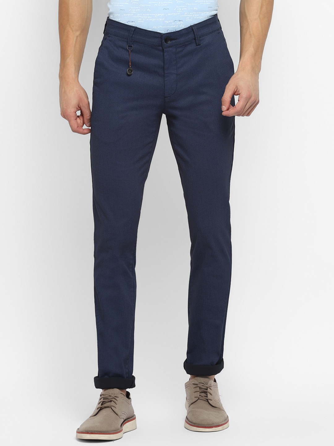 

Turtle Men Navy Blue Textured Ultra Slim Fit Cotton Trousers