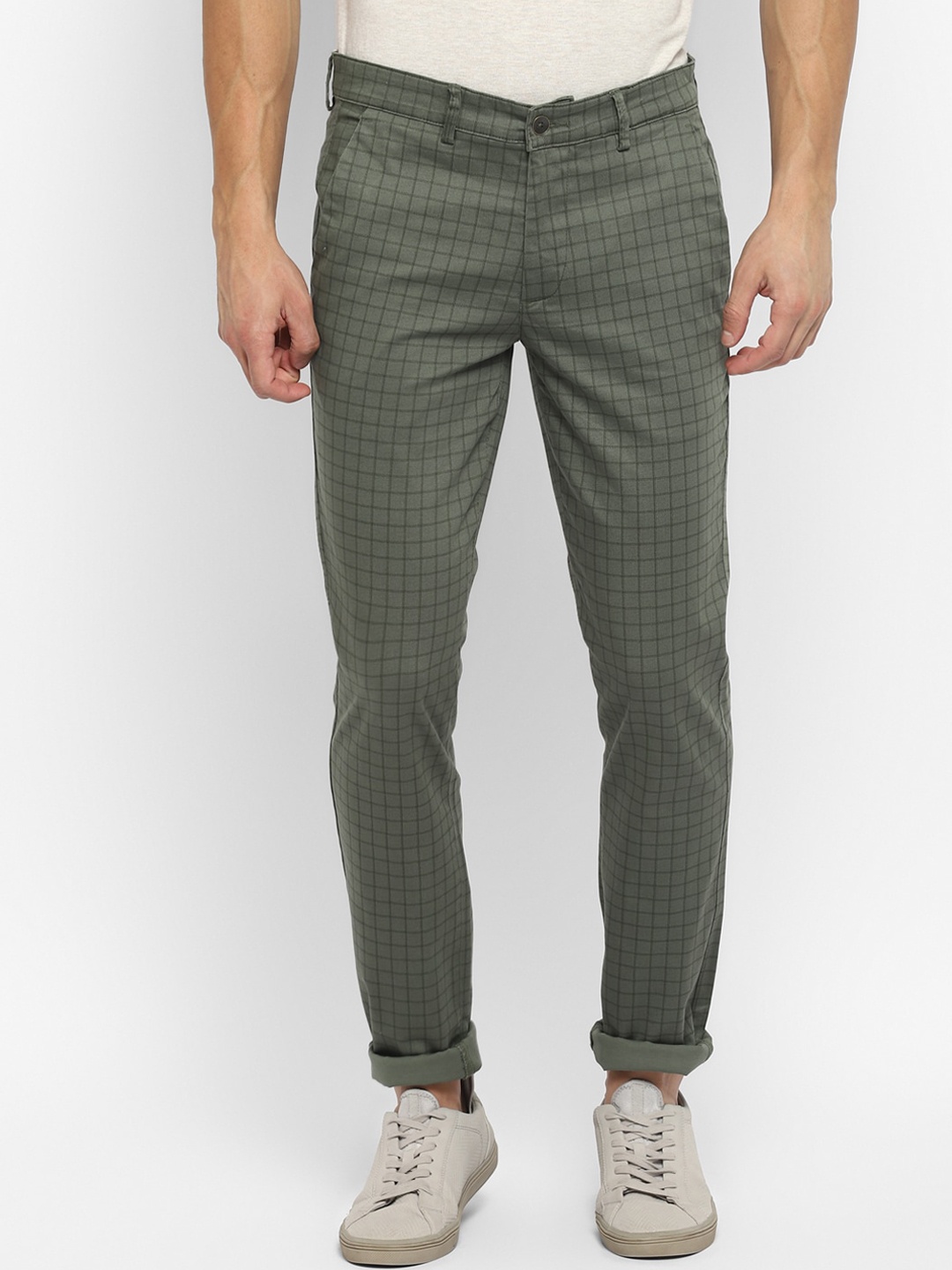 

Turtle Men Olive Green Checked Ultra Slim Fit Trousers