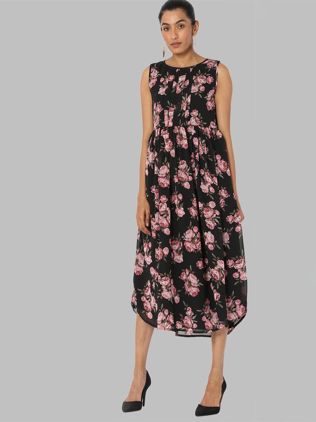 

Bitterlime Black & Pink Floral Georgette A-Line Midi Dress