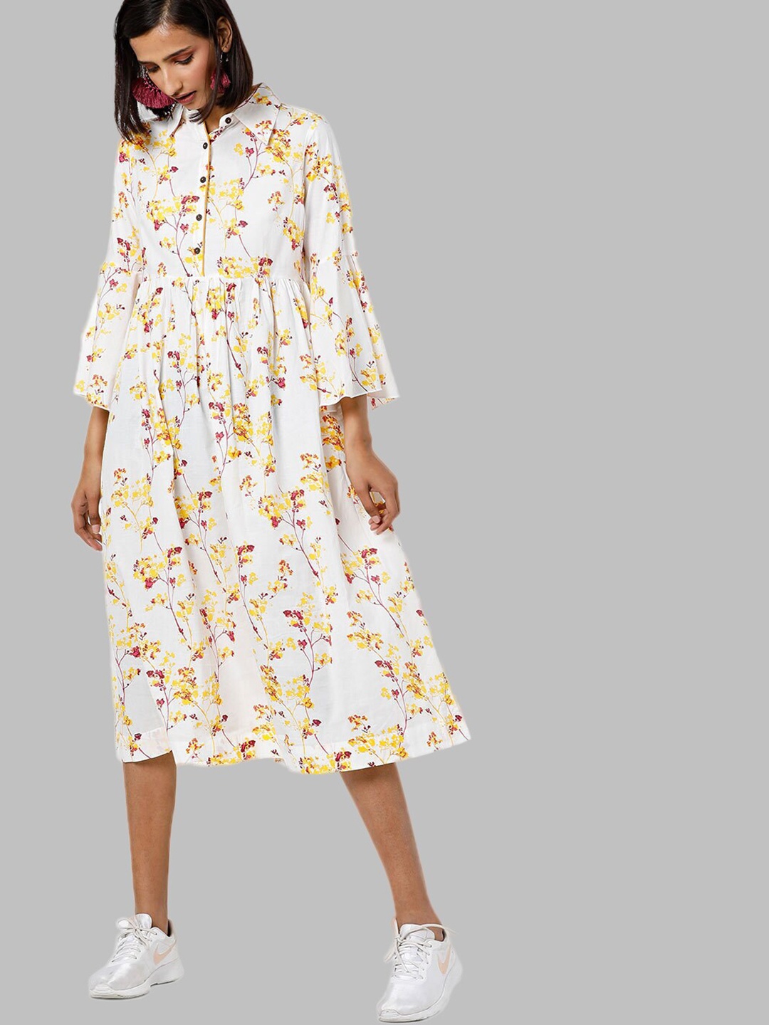 

Bitterlime White & Yellow Floral Cotton A-Line Midi Dress