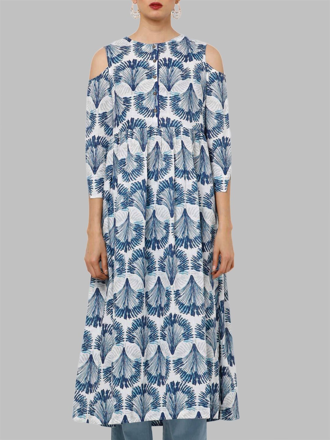 

Bitterlime Navy Blue & White Tropical A-Line Cotton Midi Dress