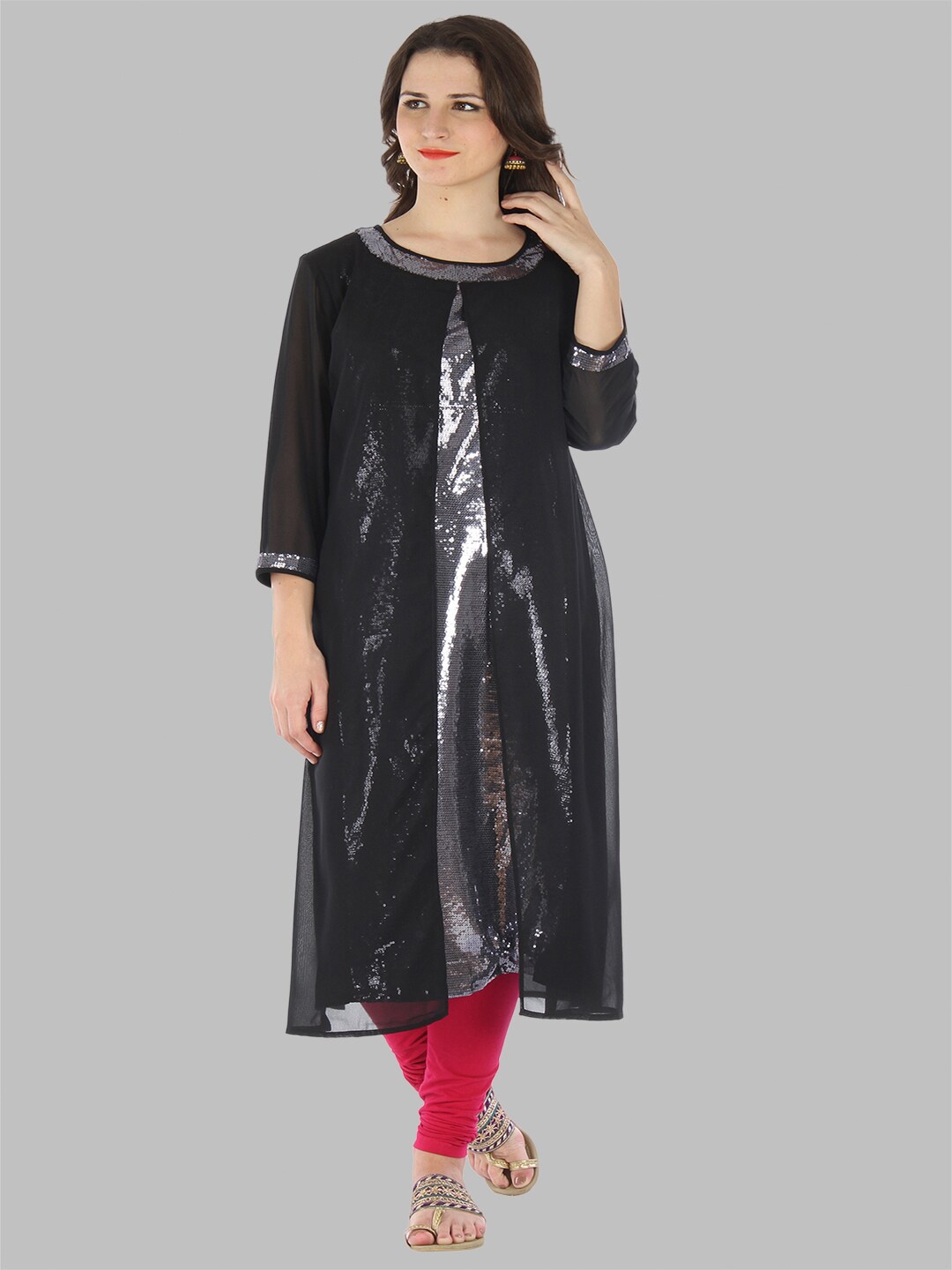 

Bitterlime Women Black & Silver-Toned Quirky Embellished Kurta