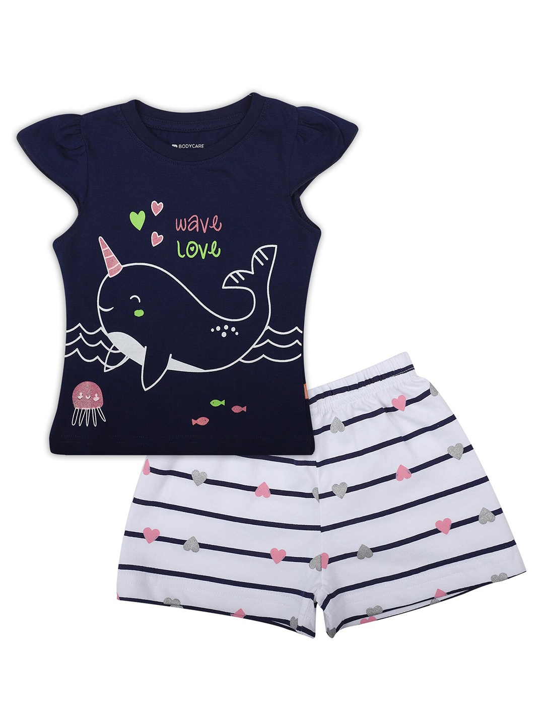 

Bodycare Kids Girls Navy Blue & White Printed Co-ords Set
