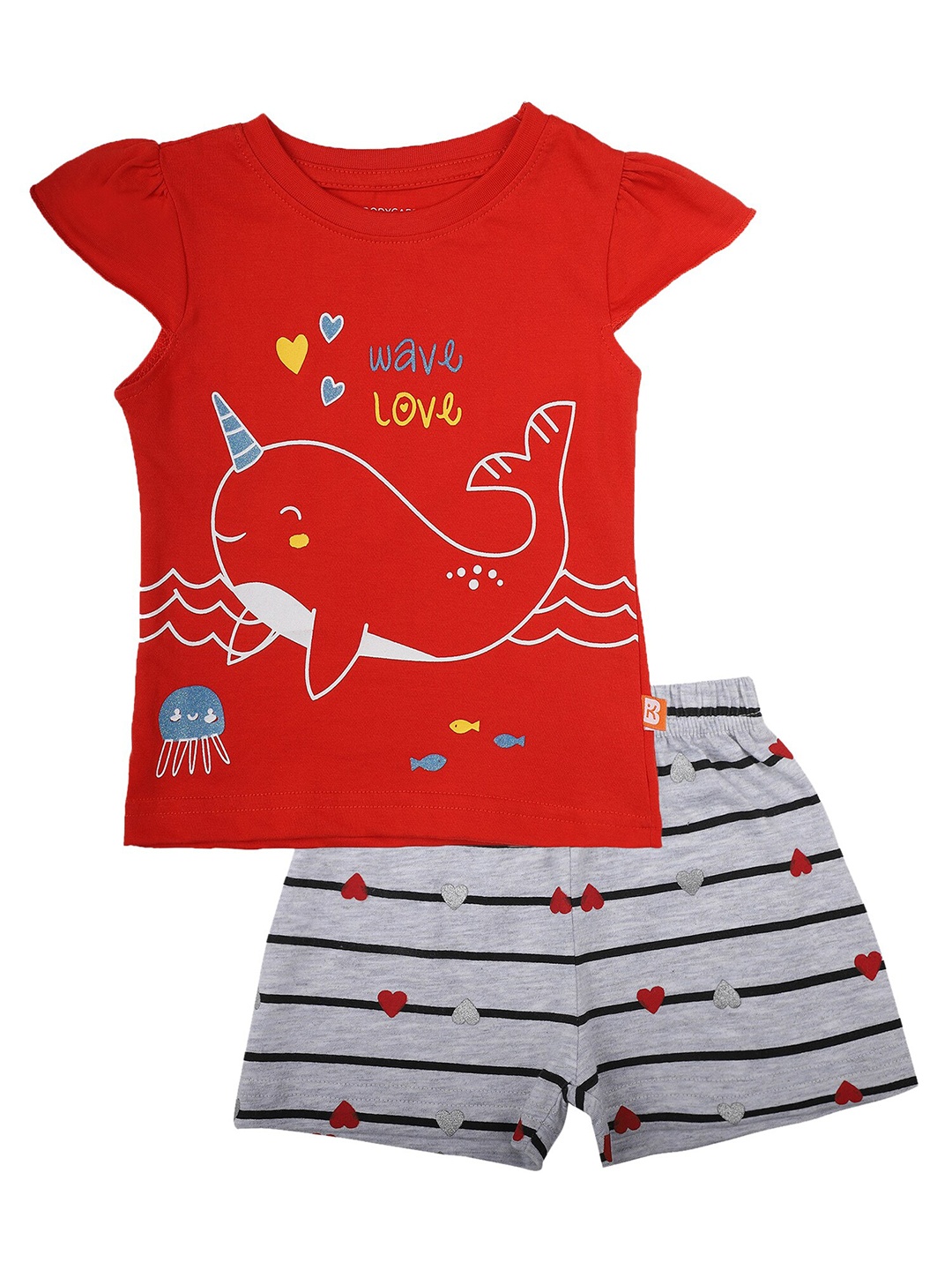 

Bodycare Kids Girls Red & Grey Printed Pure Cotton T-shirt with Shorts Co-Ords Set