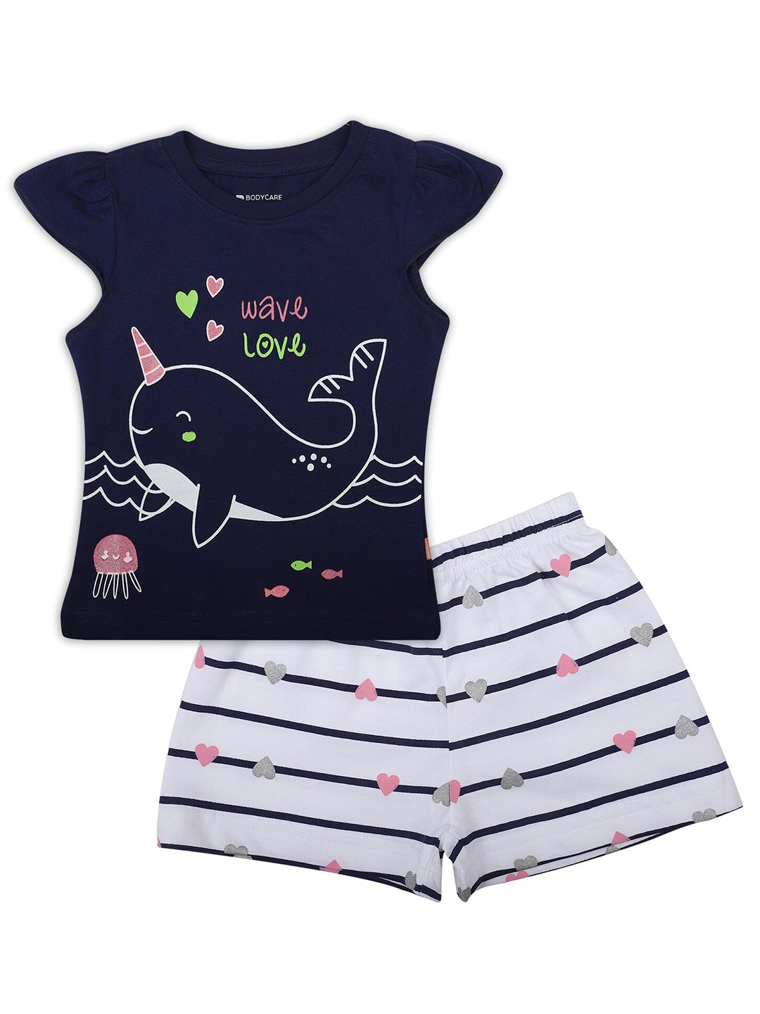 

Bodycare Kids Girls Navy Blue & White Printed Pure Cotton Top with Shorts