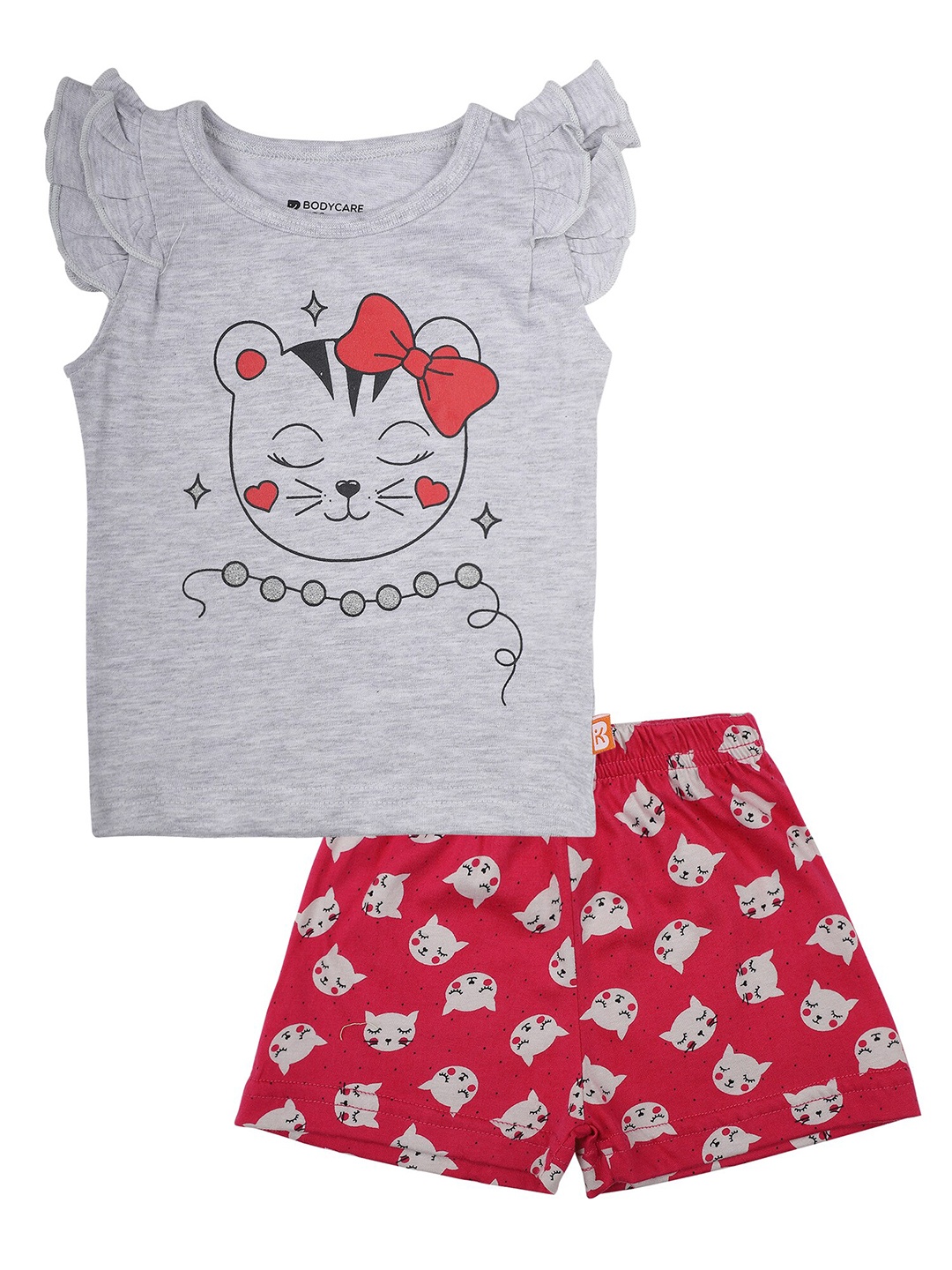 

Bodycare Kids Girls Grey & Pink Printed Pure Cotton T-shirt with Shorts