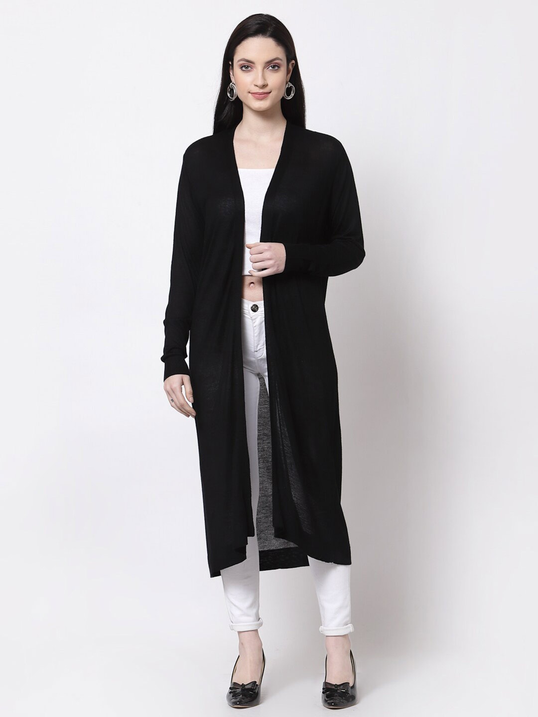 

KLOTTHE Women Black Solid Open Front Longline Wool Shrug