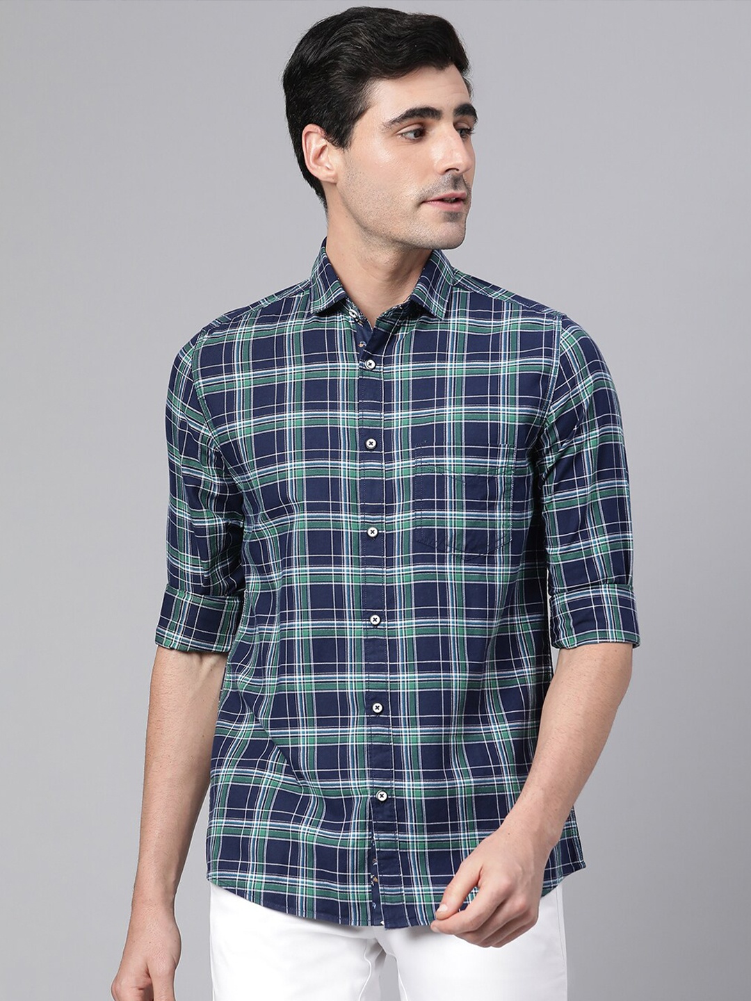 

Richlook Men Green & Navy Blue Slim Fit Tartan Checked Casual Shirt