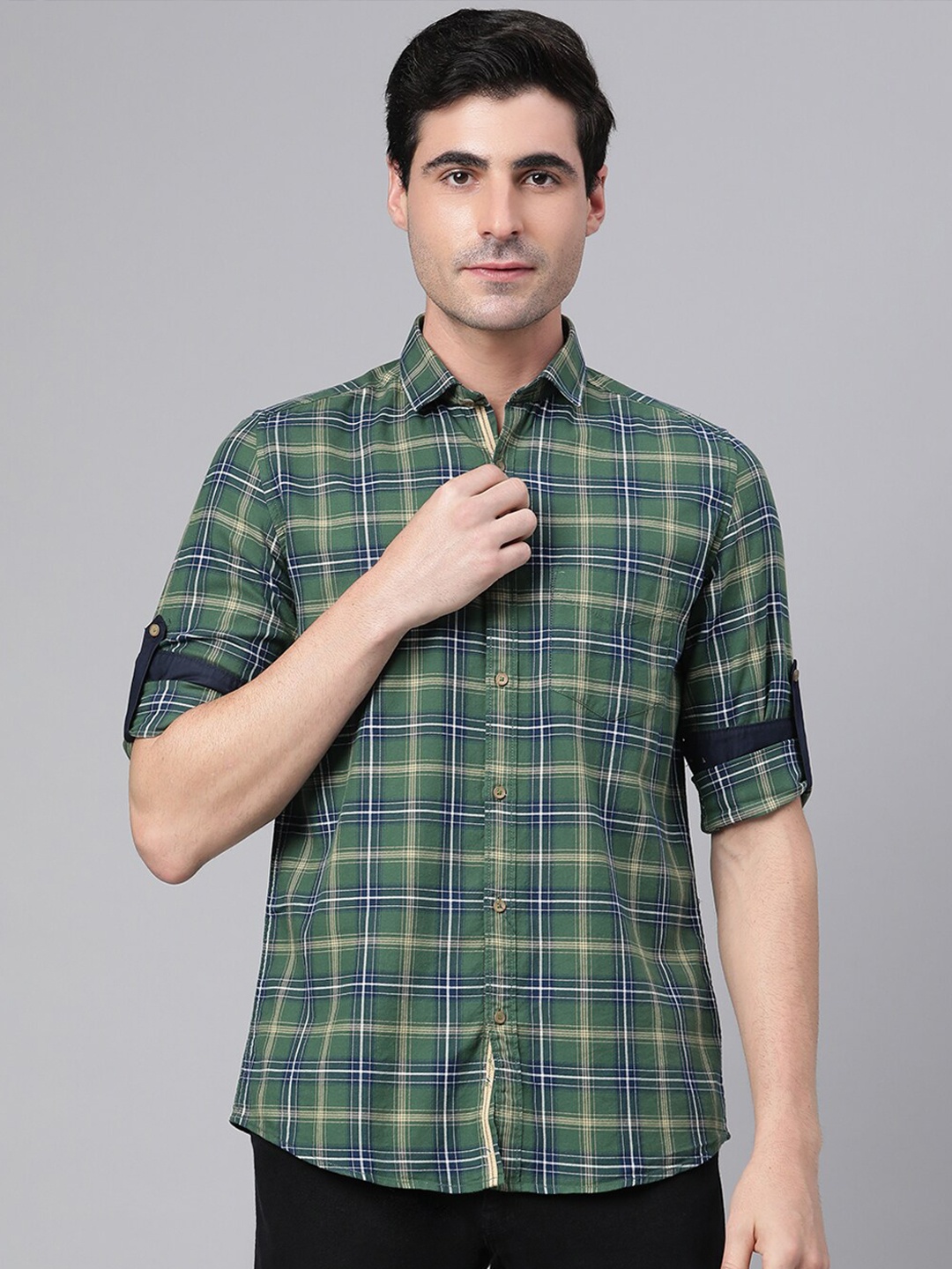 

Richlook Men Green Slim Fit Tartan Checks Checked Pure Cotton Casual Shirt