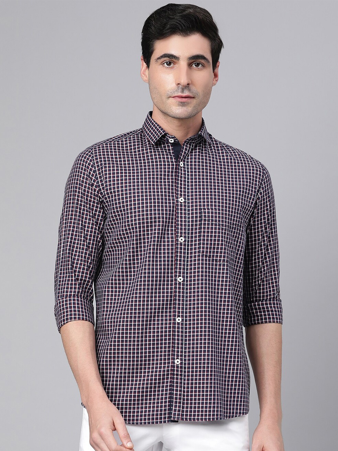 

Richlook Men Navy Blue Slim Fit Cotton Checked Casual Shirt