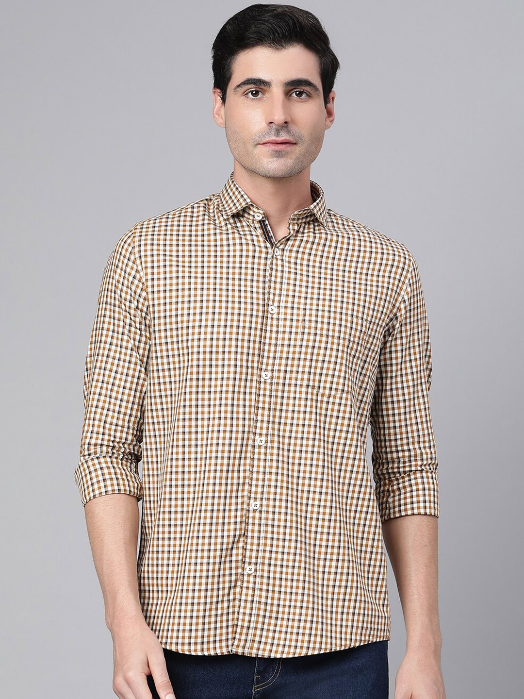

Richlook Men Khaki Slim Fit Gingham Checks Cotton Casual Shirt
