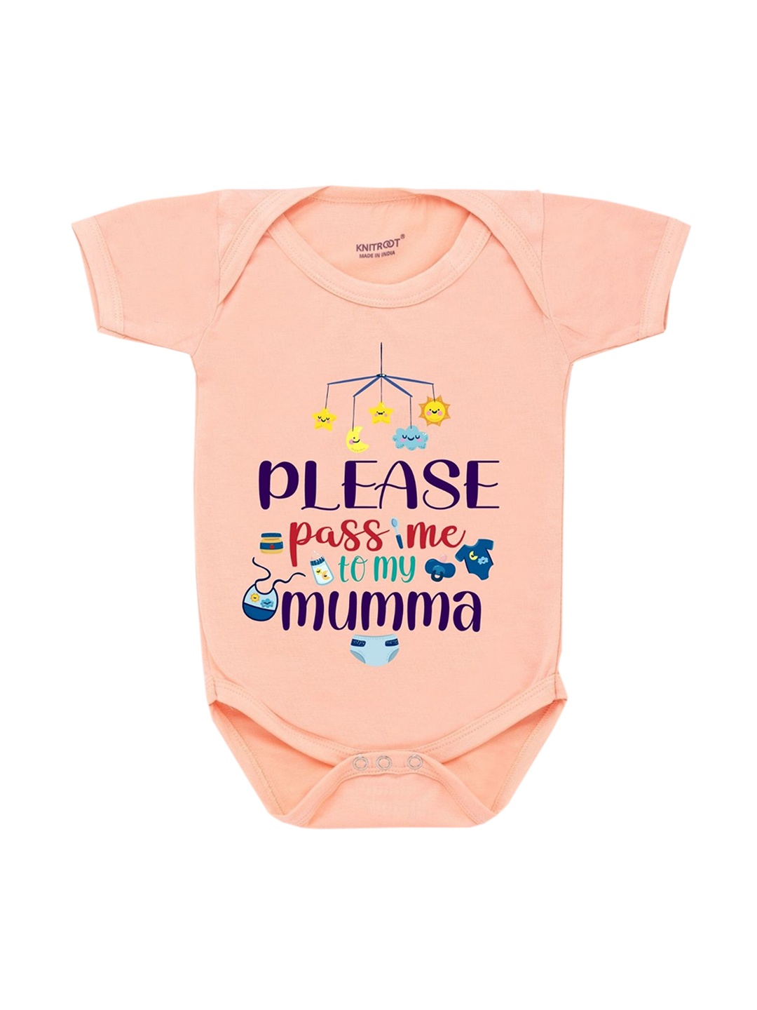 

KNITROOT Kids Peach-coloured Please Pass Me To My Mumma Printed Cotton Bodysuit