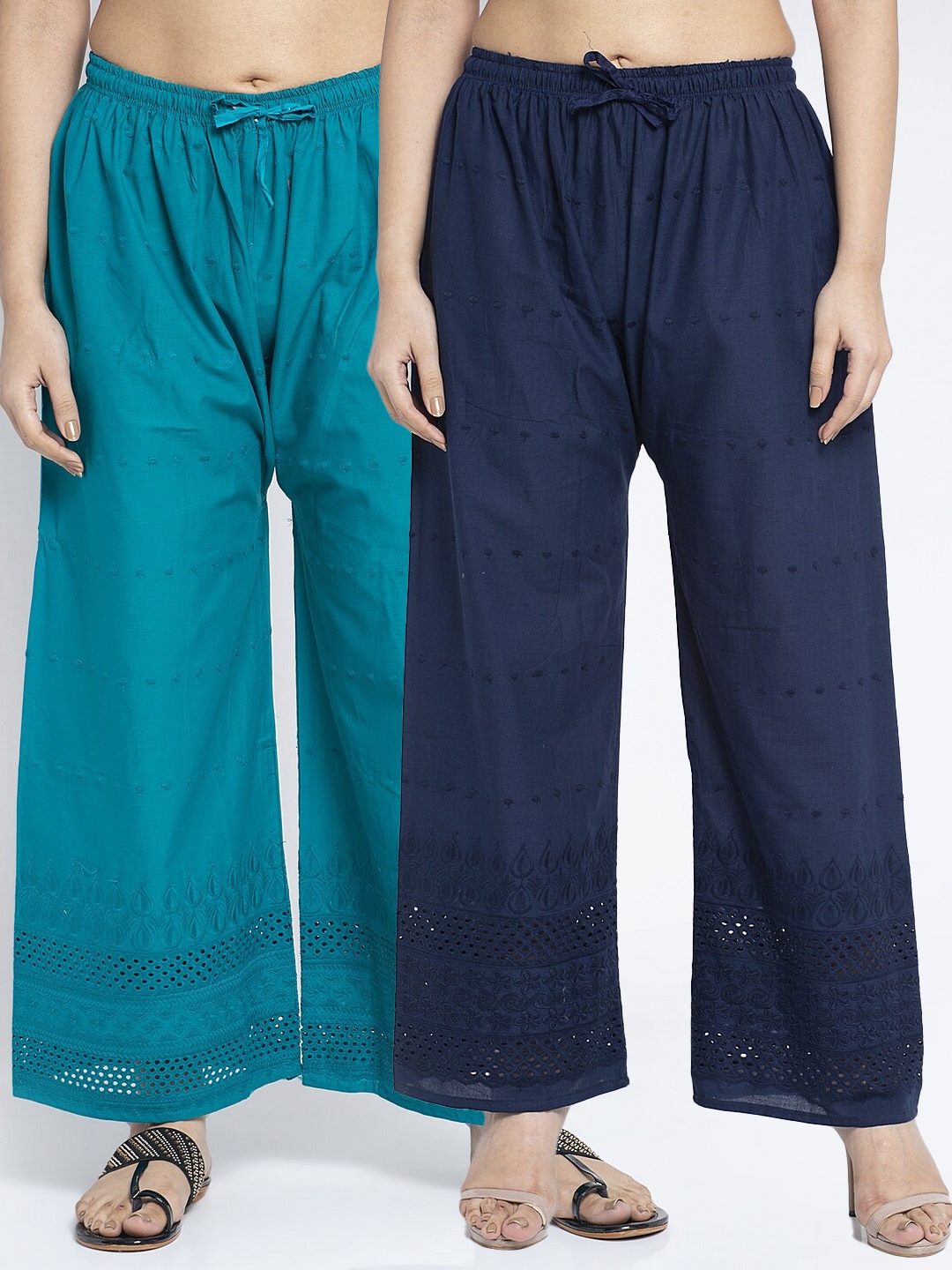 

Jinfo Women Pack of 2 Navy Blue & Turquoise Blue Embroidered Flared Palazzos