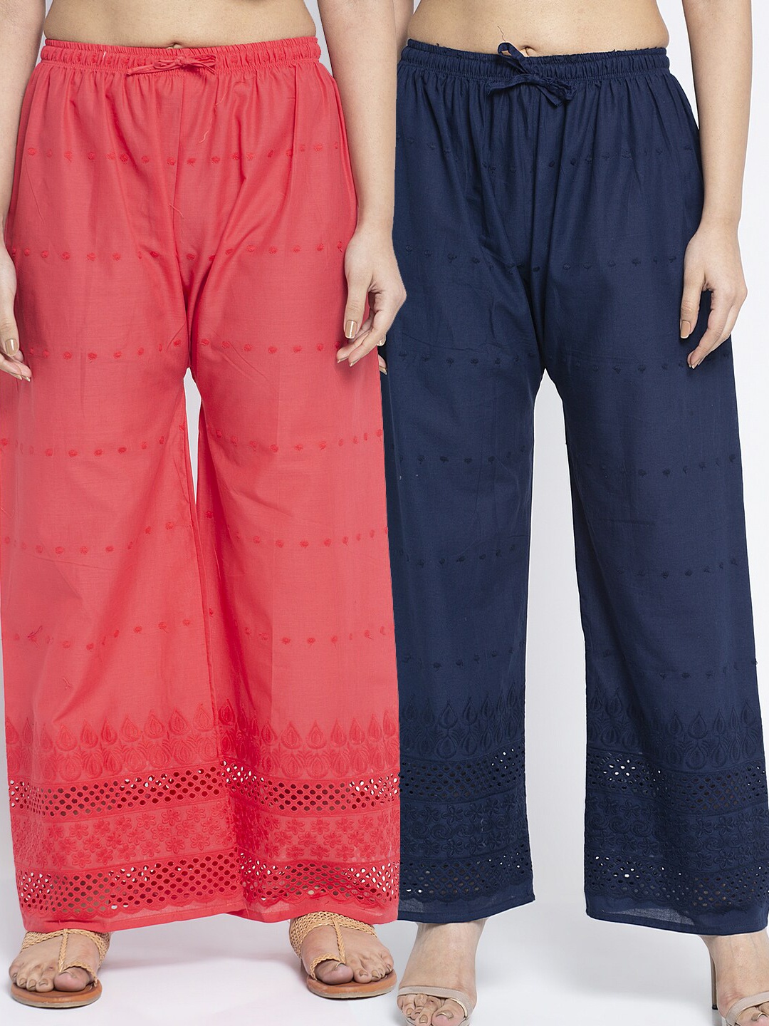 

Jinfo Women Coral & Navy Blue Set Of 2 Embroidered Flared Ethnic Palazzos