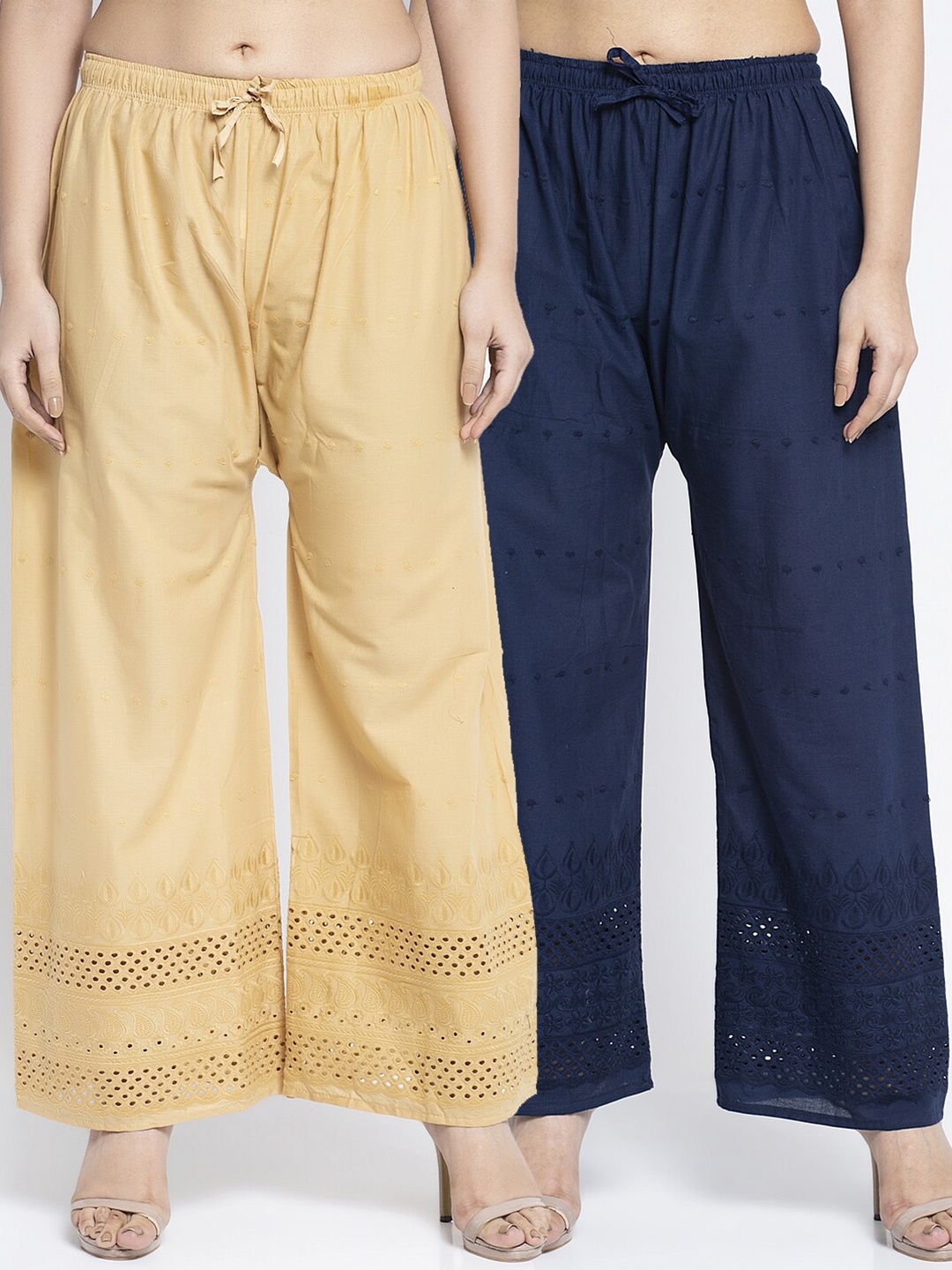 

Jinfo Women Pack Of 2 Beige & Navy Blue Flared Cotton Ethnic Palazzos