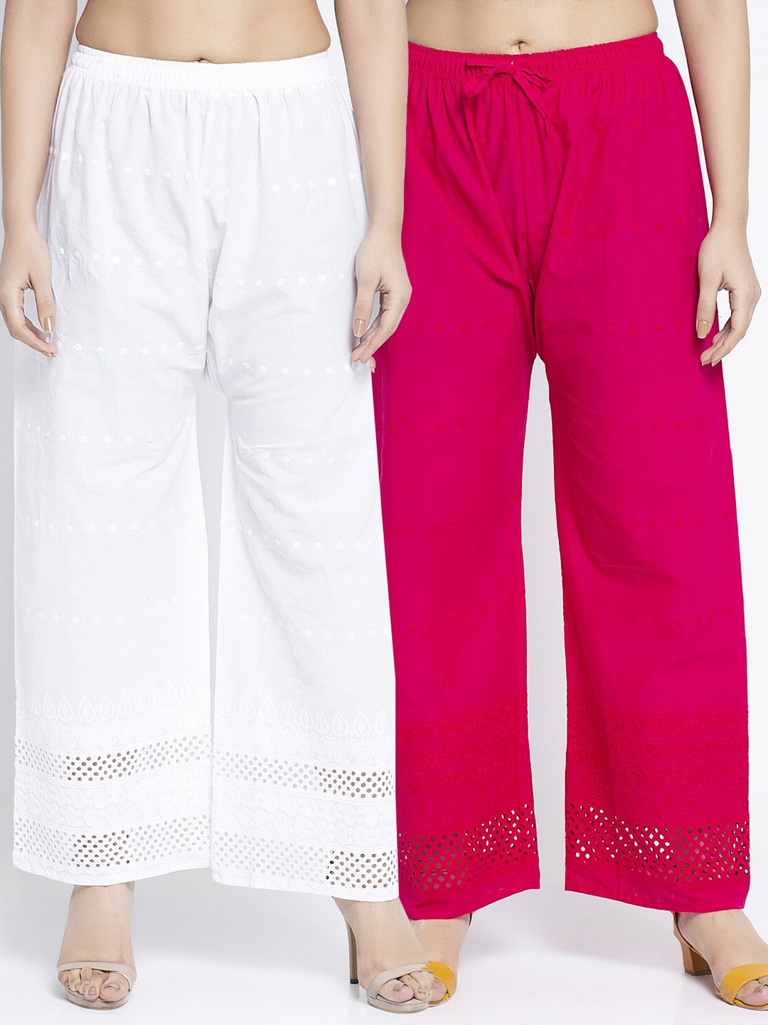 

Jinfo Women Pack Of 2 White & Pink Chikankari Embroidered Cotton Knitted Ethnic Palazzos