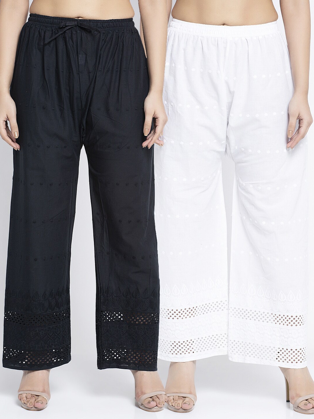 

Jinfo Women Pack of 2 Cotton Flared Knitted Ethnic Palazzos, Black